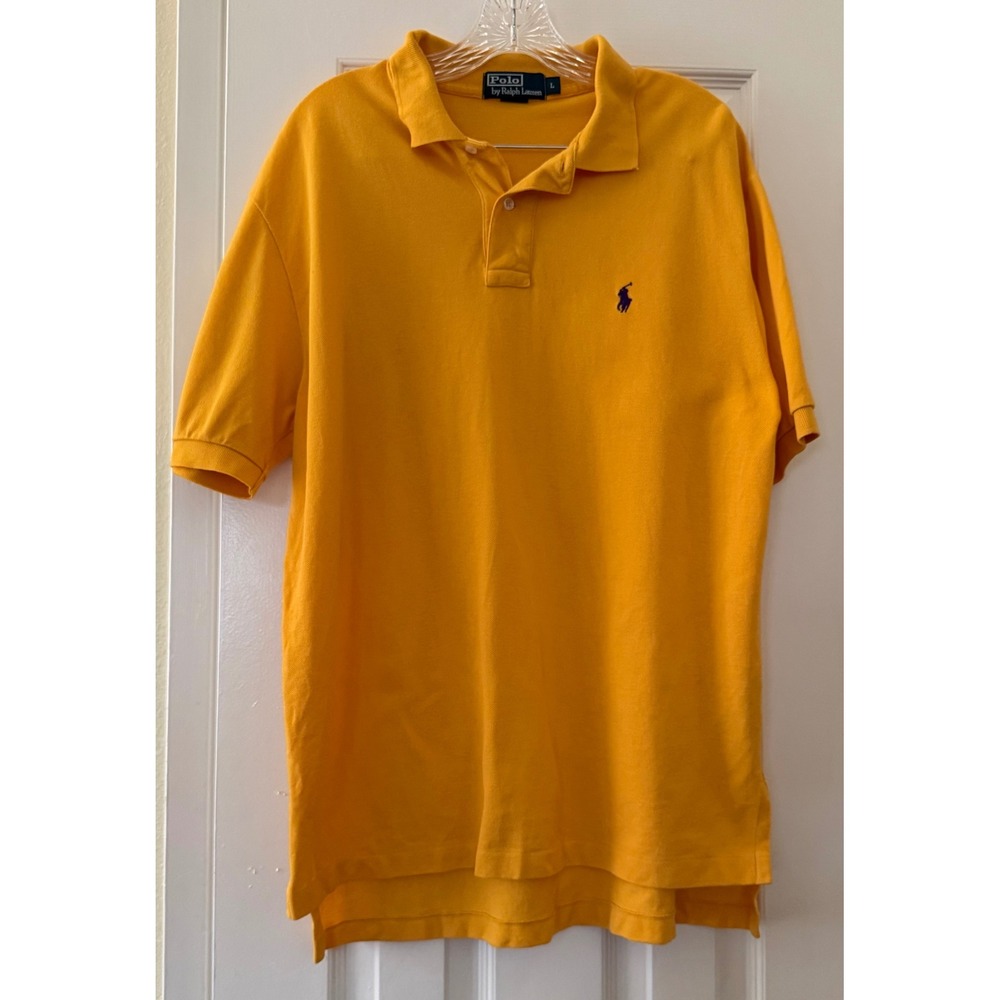Polo Ralph Lauren Mens Yellow Short Sleeve Pique Polo Shirt Large Navy Pony